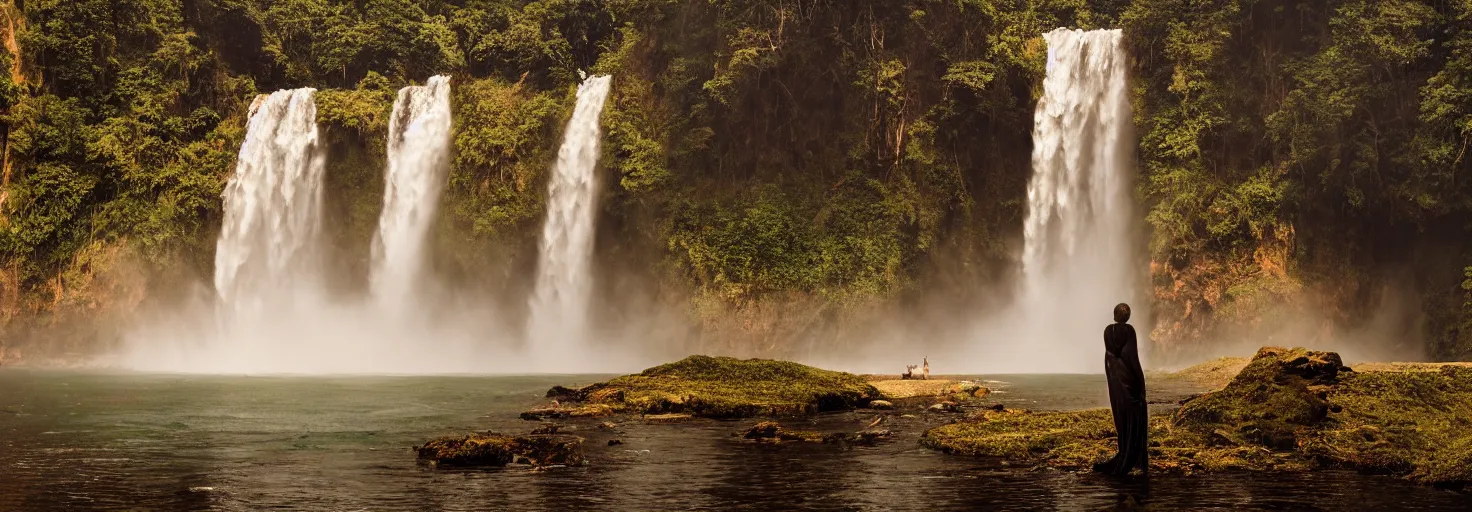 Prompt: dang ngo, annie leibovitz, steve mccurry, a simply breathtaking shot of mediating mon, giant waterfall, golden hour, golden ratio, wide shot, symmetrical