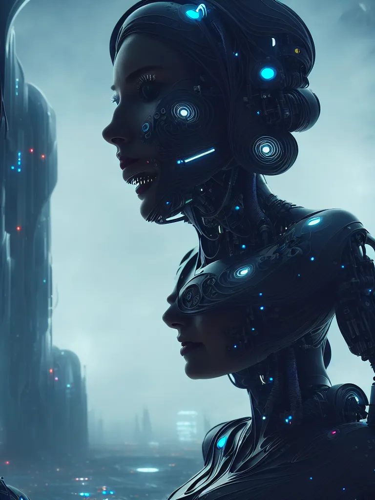 Prompt: ultra realistic, beautiful female cyborg lost in a space metropolis, sci-fi, cyberpunk, concept art, intricate details, eerie, highly detailed, octane render, 8k