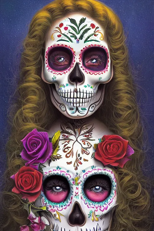 Prompt: illustration of a sugar skull day of the dead girl, art by vladimir kush