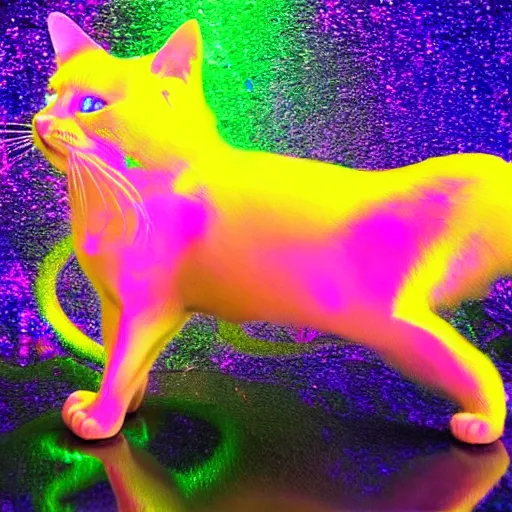 Prompt: an holographic iridescent prismatic cat, dark background, strong dramatic light, digital art rendered in unreal engine.