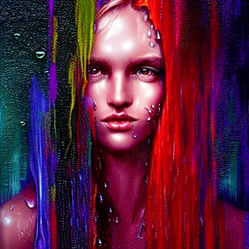 Image similar to bright asthetic portrait LSD glowing backlit rain on face and wet hair in strands, overhead lighting, fantasy, intricate, elegant, dramatic lighting, highly detailed, lifelike, photorealistic, digital painting, artstation, illustration, concept art, smooth, sharp focus, art by John Collier and Albert Aublet and Krenz Cushart and Artem Demura and Alphonse Mucha