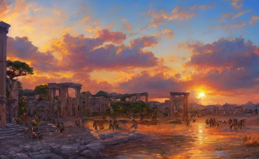 Image similar to Ancient elfic city at sunset. By Konstantin Razumov, highly detailded