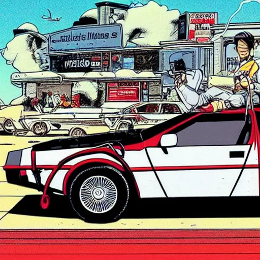 Image similar to marty mcfly is in front of a delorean time machine, style of Geof Darrow