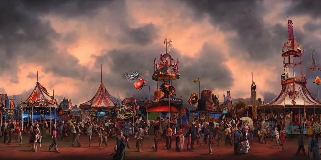 Prompt: a matte painting of an evil haunted carnival with a dramatic sky by rodney mathews