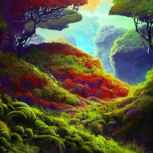 Prompt: digital painting of a lush natural scene on an alien planet by sachiko butou. ultra sharp high quality digital render. detailed. beautiful landscape. colourful weird vegetation. cliffs and water.