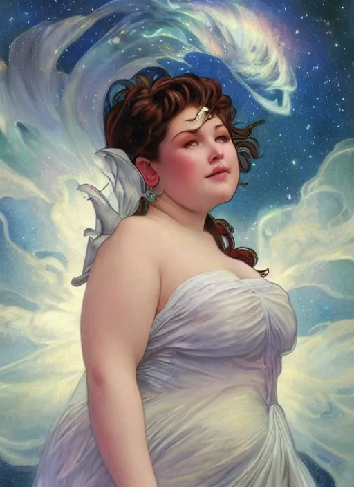 Prompt: a chubby woman with pointed ears, wearing a white sundress, and a swirling sparkling cloud galaxy nebula for hair, realistic painting by ross tran and gerald brom and alphonse mucha, artgerm, trending on artstation