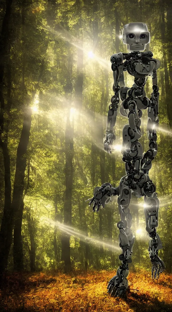 Image similar to a robot portrait in a movie, forest, cinematic shot, sun beams