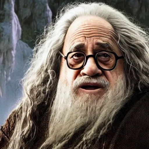 Image similar to movie still of danny devito starring as gandalf the white in the 2 0 2 4 lord of the rings movie, full body, hyper realistic, high quality, wide angle