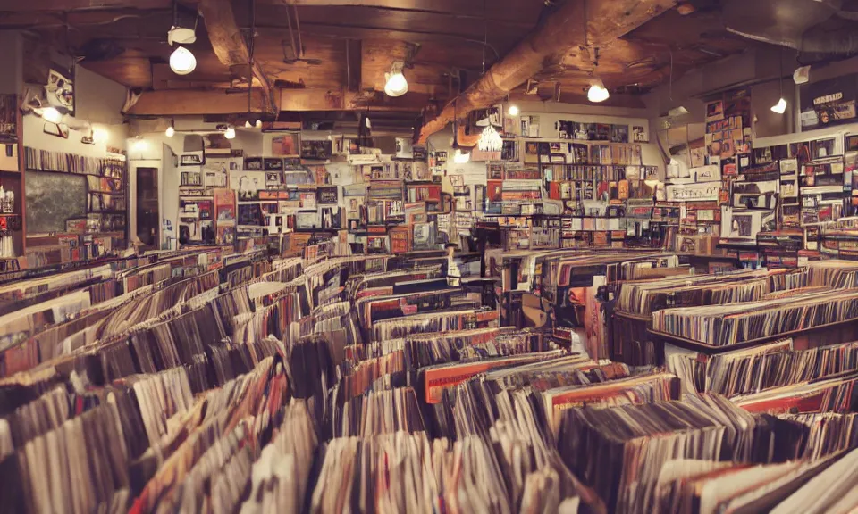 Prompt: interior of a record store, cozy atmosphere, anime style, customers talking to each other, highly detailed