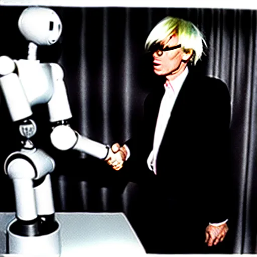 Image similar to Andy Warhol shaking hands with a robot