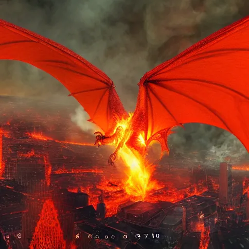 Image similar to horror dragon flying over a city, fire, lava, smoke, ethereal