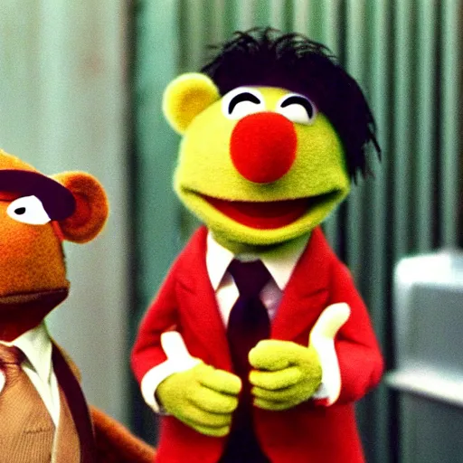 Prompt: trail cam footage unreleased still of the muppets in pulp fiction, photograph, detailed