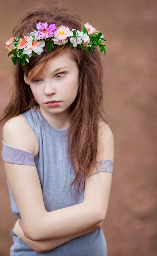 Image similar to portrait of a shy young girl with flowers in her hair, beautiful composition, modern color palette, 50mm f1.8, ambient light,