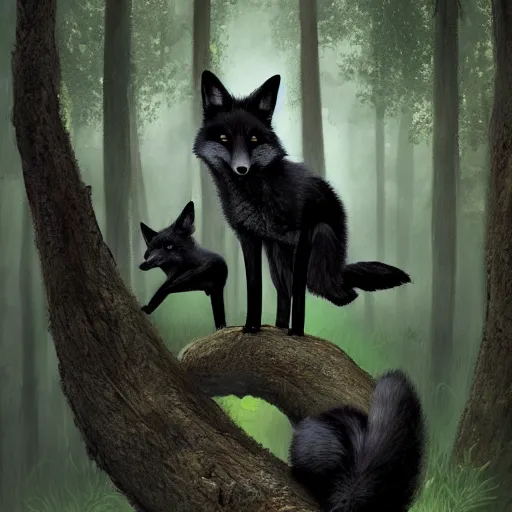 Prompt: three black foxes sitting on a high branch in a dense green forest, black sky, night time, extreme low angle shot, detailed illustration, hd, overdetailed art, by greg rutkowski, trending on ArtStation, concept art, cgsociety, octane render, trending on artstation, artstationHD, artstationHQ, unreal engine, 8k