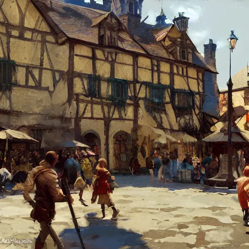 Image similar to medieval town square, detailed by greg manchess, craig mullins, bernie fuchs, walter everett