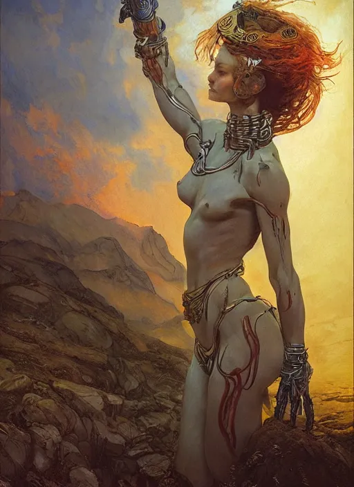 Prompt: biblical beautiful female druid android with transparent skin, bright glowing veins, in clouds, sunset, studio light, by mikhail vrubel, by gerald brom, by peter elson, muted colors, extreme detail, reflections, trending on artstation, 8 k