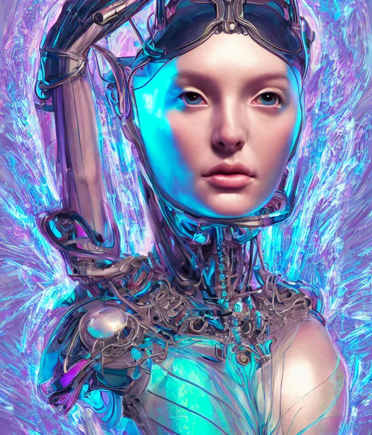 Image similar to fully symmetrical centered iridescent portrait of a beautiful princess in robe. artificial muscles, ribcage, bones, hard surface modelling. cyberpunk look. biomechanical mask. bio luminescent biomechanical halo around head. jellyfish. artwork by jarold Sng by artgerm, by Eddie Mendoza, by Peter mohrbacher by tooth wu, unreal engine, octane render, cinematic light, high details, iridescent colors, dichroic, macro, depth of field, blur