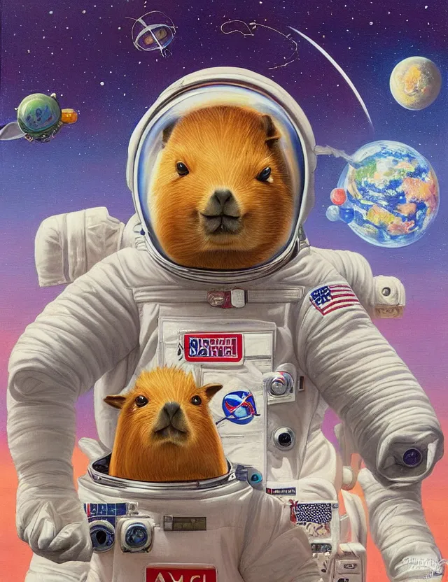 Prompt: beautiful detailed and adorable painting of a capybara astronaut in a spacesuit floating above earth by casey weldon by mark ryden by thomas blackshear, super cute, new contemporary, pop surrealism, oil painting