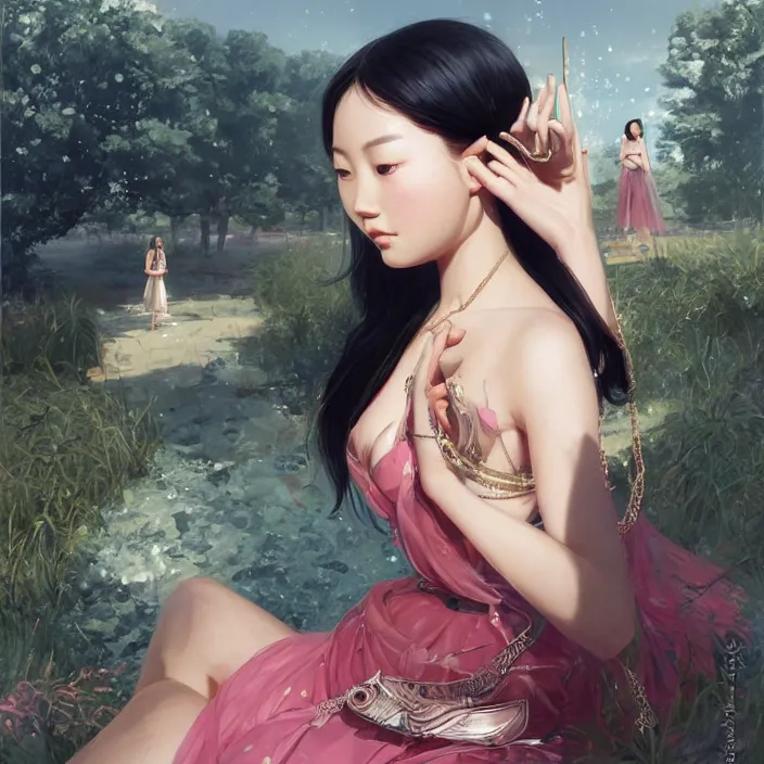 Image similar to a beautiful young charming asian goddess with sundress + jewelry + shinny eyes | | winter, symmetric, realistic shaded, unpleasant face, good looking, fine details, dior, lv, realistic shaded lighting poster by greg rutkowski, macoto takahashi, magali villeneuve, artgerm, jeremy lipkin and michael garmash