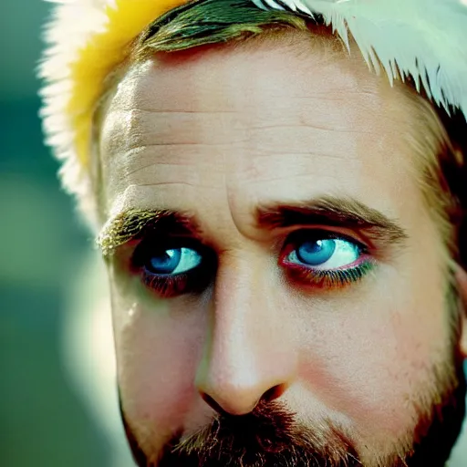 Image similar to closeup portrait of ryan gosling dressed as a goose, duck bill, feather suit, natural light, sharp, detailed face, magazine, press, photo, steve mccurry, david lazar, canon, nikon, focus