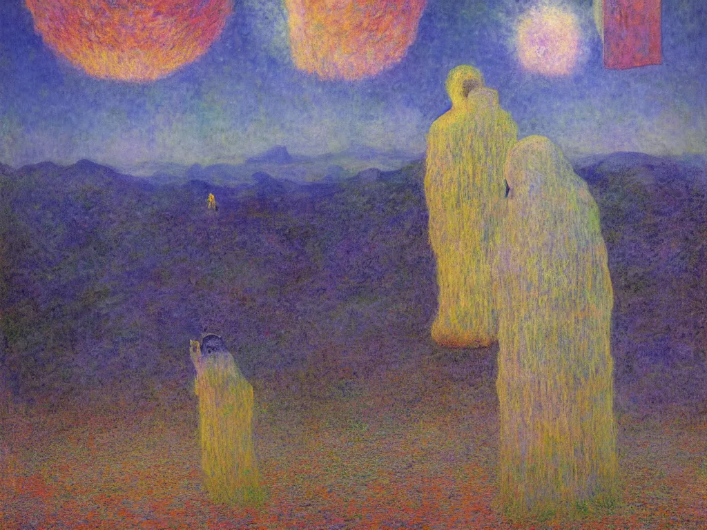 Prompt: man in white beekeeper suit looking at the psychedelics dream mothership over the sacred mountains. painting by mikalojus konstantinas ciurlionis, monet, bosch, wayne barlowe, agnes pelton, rene magritte