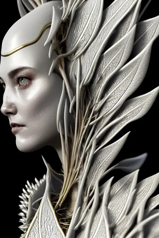 Image similar to bw close - up profile face, black background, beautiful young porcelain vegetal - dragon - cyborg - female, 1 5 0 mm, beautiful natural soft rim light, silver gold details, magnolia leaves and stems, roots, mandelbot fractal, elegant, ultra detailed, white metallic armour, octane render, h. r. giger style