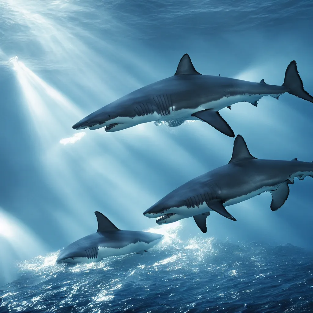 Prompt: great white sharks lurking in the deep ocean, volumetric lighting, sun rays