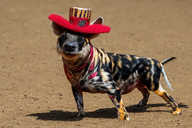 Image similar to A photo of the world's greatest showman: the african painted dog dressed in a hat!