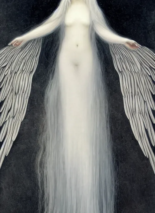 Prompt: tall thin young wan beautiful angel, silver hair so long, pale!, long silver hair, silver angel wings, wan adorable korean face, silver hair!!, style of fernand khnopff and lucien levy - dhurmer, oil on canvas, 4 k resolution, aesthetic!,