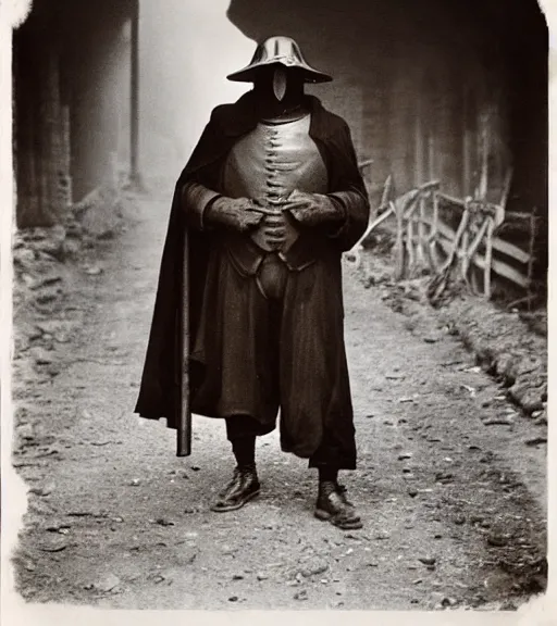 Image similar to a man at wearing plague doctor mask in distance, ww1 film photo, grainy, high detail, high resolution