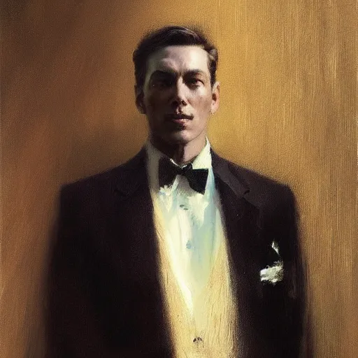 Prompt: detailed portrait of man in black suit, spring light, painting by gaston bussiere, craig mullins, j. c. leyendecker