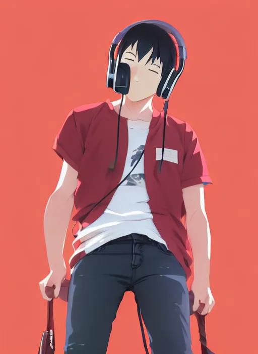 Image similar to portrait of chilled kong, sunny sky background, lush landscape, illustration concept art anime key visual trending pixiv fanbox by wlop and greg rutkowski and makoto shinkai and studio ghibli and kyoto animation, symmetrical facial features, black t shit, red headphones, ripped jeans, backlit, aerodynamic frame, gta 5