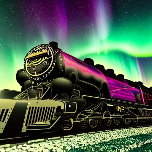 Prompt: Orient Express flying through interstellar space. The engine is a head of a monster. Psychedelic aurora borealis in the background. - n 9