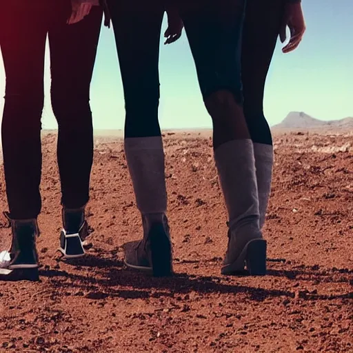 Prompt: up close 3 friends on dusty Mars soil in the future walking together all wearing stylish futuristic clothing picture taken with 5 mm camera nokia, intricate, ultra HD, super detailed, realistic, award-winning picture