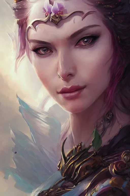 Prompt: orchid goddess face, d & d, fantasy, portrait, highly detailed, headshot, digital painting, trending on artstation, concept art, sharp focus, illustration, art by artgerm and greg rutkowski and magali villeneuve