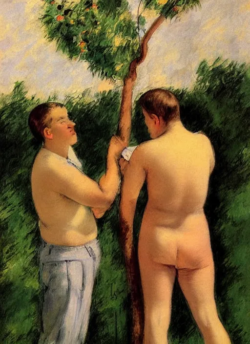 Prompt: vintage beautiful painting of a two men looking at a hanging pear in Mary Cassatt style