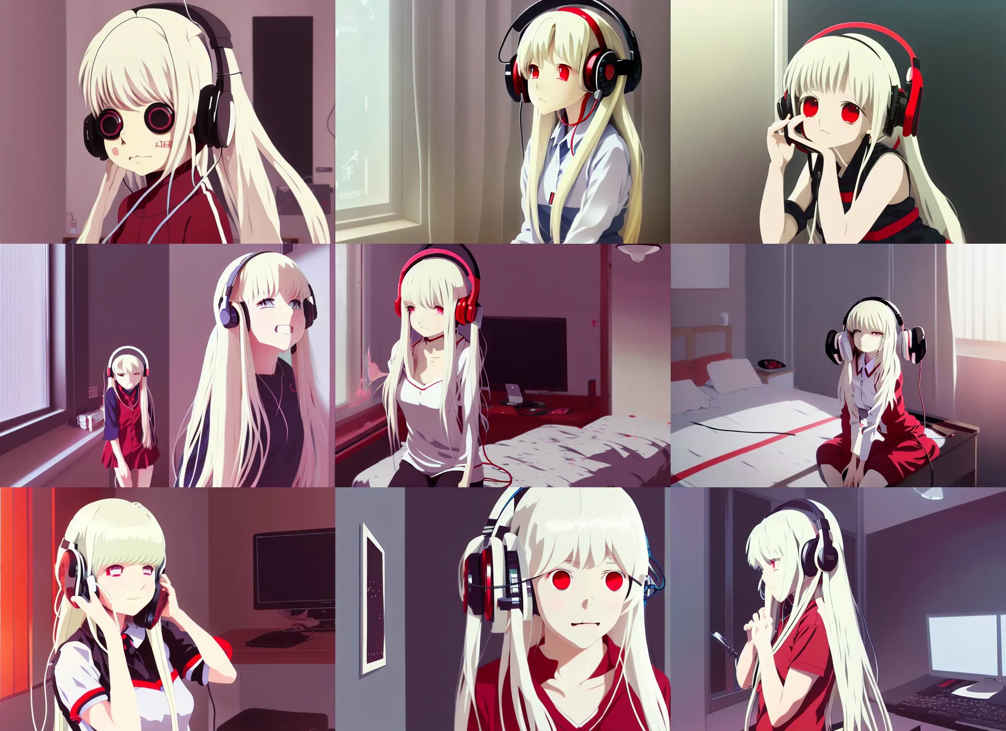 Prompt: anime visual of a cute girl, with red eyes!!!! and long white hair!!!! wearing a headset in her room interior, anime art by ilya kuvshinov, studio ghibli, katsuhiro otomo, flat, high quality, 4 k
