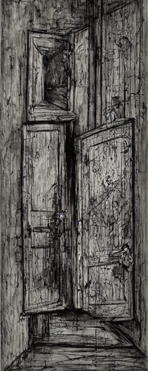 Image similar to searching for the hidden door, by bernard buffet and stephen gammell and emil nolde, 8 k, trending on artstation