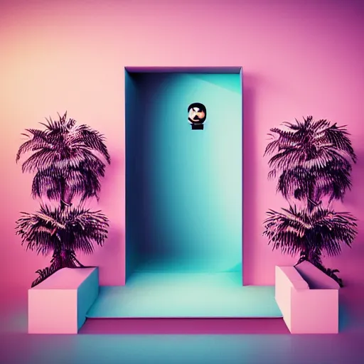 Image similar to hyperrealistic geometric objects in a surreal minimalistic 8 0's dreamscape environment by salvador dali, enormous emoji, highly detailed, 3 d render, octane, beautiful lighting, photorealistic, intricate, elegant, wayne barlowe, water, mirrors, pink doorway, beautiful, masterpiece, trending on artstation, palm tree