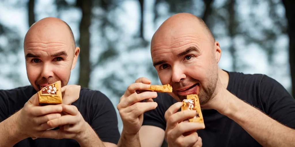 Image similar to 4 k hd, high detail photograph of karl pilkington eating a twix chocolate bar, shot with sigma f 1. 8 sharp lens, wide shot