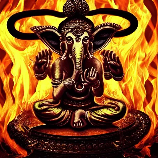 Prompt: Ultra realistic digital artwork of a possesed ganesha sitting in a perfect baphomet pose on a burning throne with smoke and ash floating away, improboble ammouunts of detail and accuracy, biblical art style, mana art, prophetic art, ultra detailed, high coherency, DSLR HDR 8k, by Simon Wong of Artstation