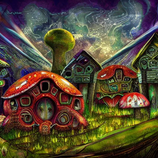 Image similar to psychedelic mushroom houses, post apocalyptic, dark fantasy, liminal space, dark paradise, digital art, 4 k