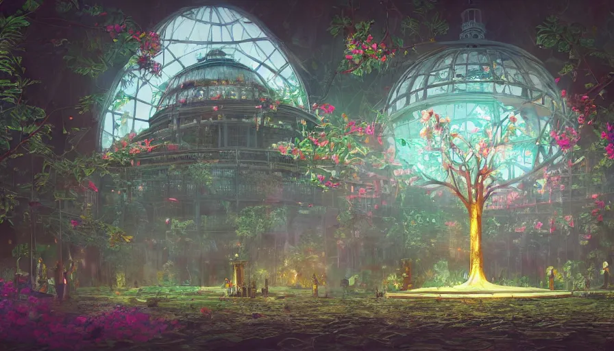 Prompt: ben lo illustration of the world tree under glass dome, bioshock concept art, solarpunk, hopeful, colorful, flowers, deity, unreal engine, hyper realism, realistic shading, cinematic composition, realistic render, octane render, detailed textures, photorealistic, wide shot