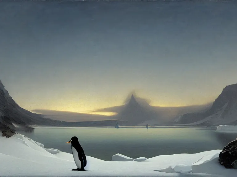 Image similar to an oil painting of a penguin next to a frozen ocean and a misty glacier at dusk. aurora. by tuomas korpi moebius and carl spitzweg. baroque elements. intricate artwork by caravaggio. oil painting. oil on canvas. award winning. dramatic. trending on artstation. 8 k