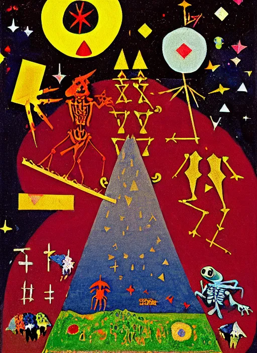 Image similar to pixel decollage painting tarot devil card composition tower of babel road red armor maggot bear and wonky alien frog skeleton knight on a horse in a dark red cloudy night sky with golden foil stars, occult symbols and diamonds, mountain lake and blossoming field in background, painted by mark rothko, helen frankenthaler, danny fox and hilma af klint, pixelated