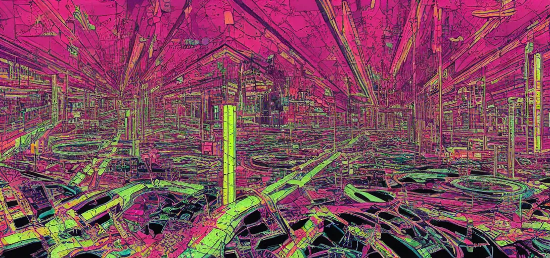 Prompt: A neon cyberpunk psychedelic vision of Acid Communism corroding our capitalist realism present, as speculated by the cultural theorist Mark Fisher in Akira color palette, by Amano, Yoshitaka and Tadao Ando