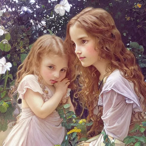 Prompt: a painting of two little children, two siblings, an older sister with curly brown hair and a younger brother with straight blonde hair. they are in a garden. beautiful highly detailed faces. art by artgerm and greg rutkowski and alphonse mucha.