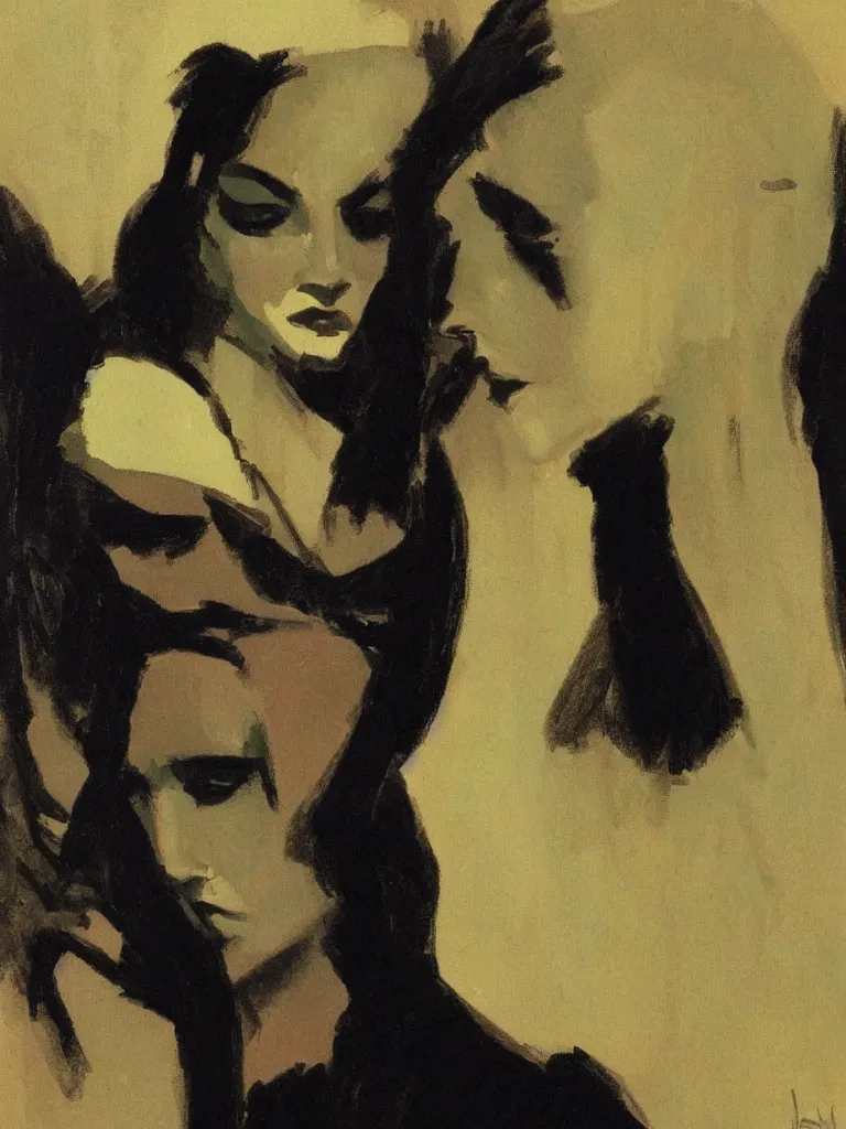 Image similar to portrait profile of one mysterious dark beautiful women in 1 9 7 8, oil painting by john watkiss