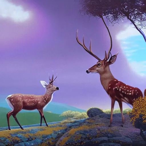 Prompt: a beautiful matte painting of screaming deer and fairy in colorful purple silk by Dean Ellis, award winning, atmospheric, epic and stunning, intricate details, sense of awe, anthropomorphic, featured on artstation