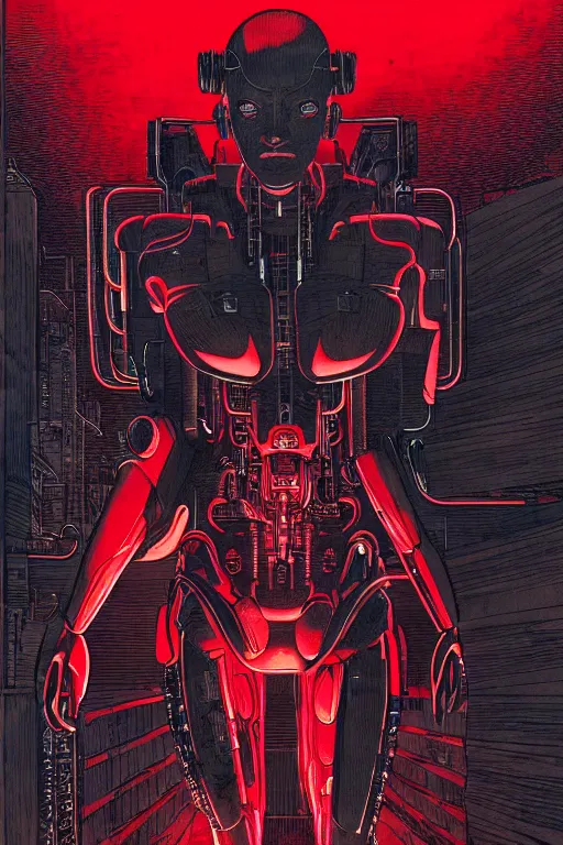Prompt: Ghost in the shell | Cyborg in Red surrounded by cables | 19th century wood-engraving , whole page illustration , art in the style of greg rutkowski and thomas kinkade and Larry Elmore